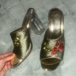 Forever Velvet Perspex clear heel Olive green floral size 8